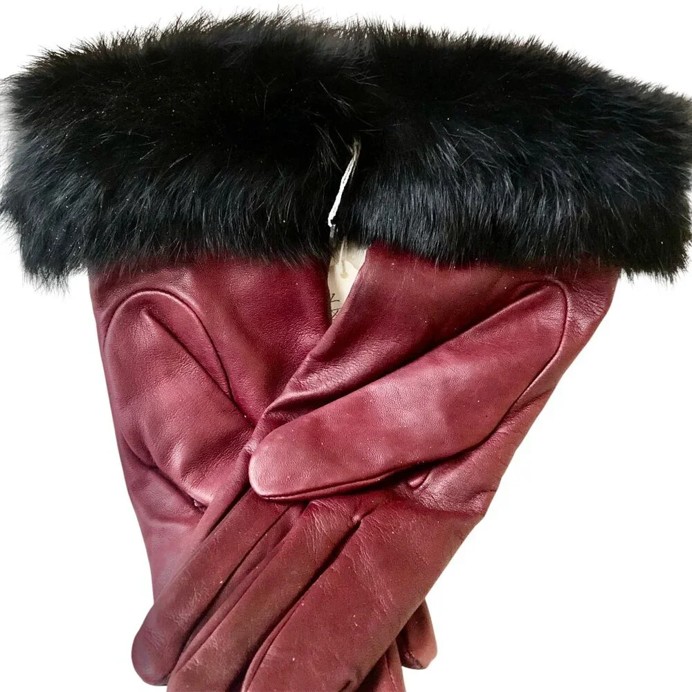 Vintage Leather Gloves Oxblood Brown Acrylic Lining Fur Cuffs Womens Large New